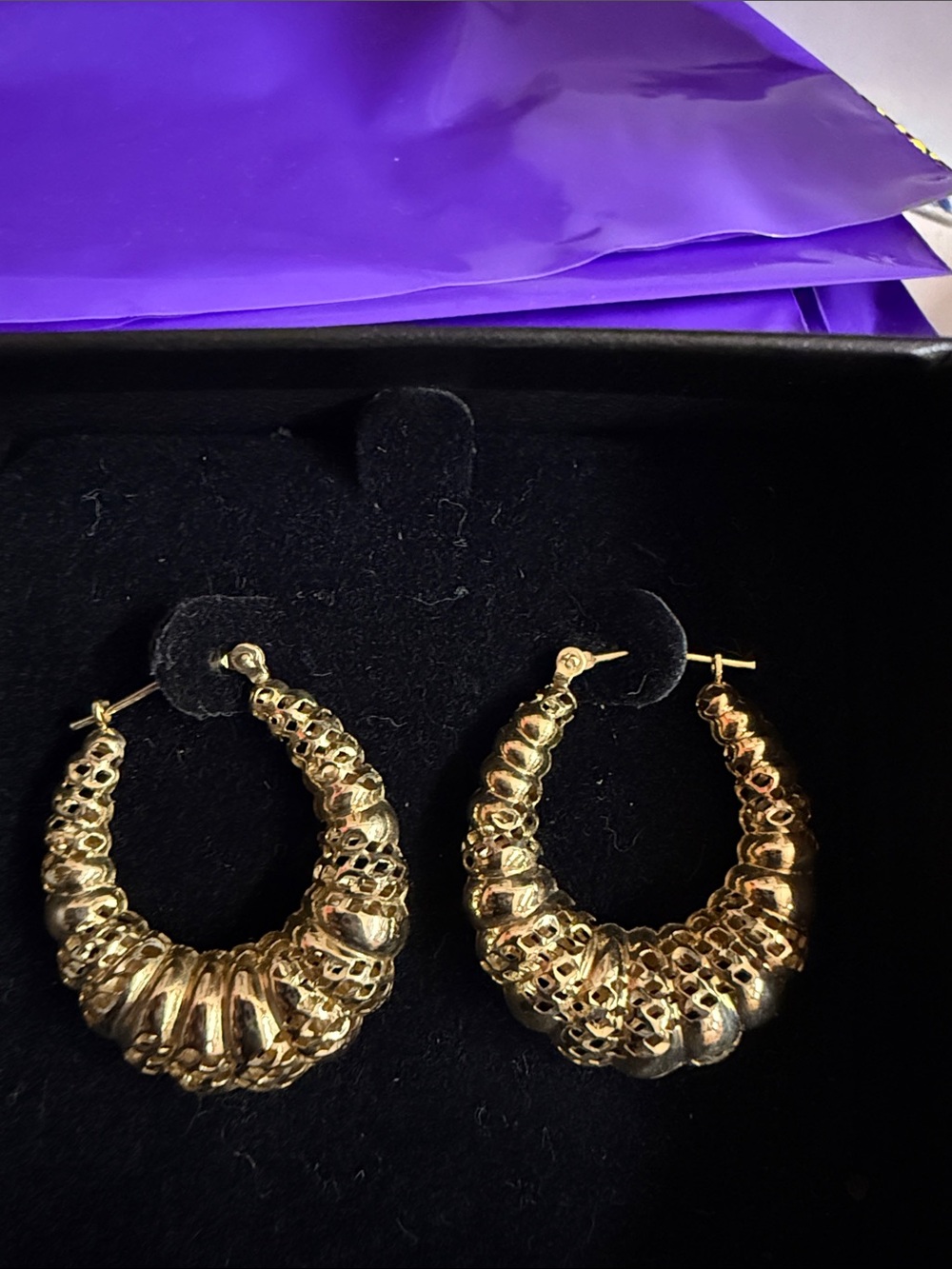 Vintage 14k Gold honeycomb Textured Hoop Earrings - Women Jewelry